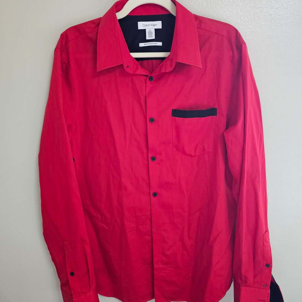 Calvin Klein Slim Fit Red Dress Shirt Black Trim Men's Large
